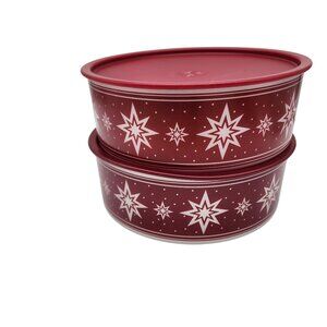 Tupperware Holiday Star Design Round Containers With Red Lids New